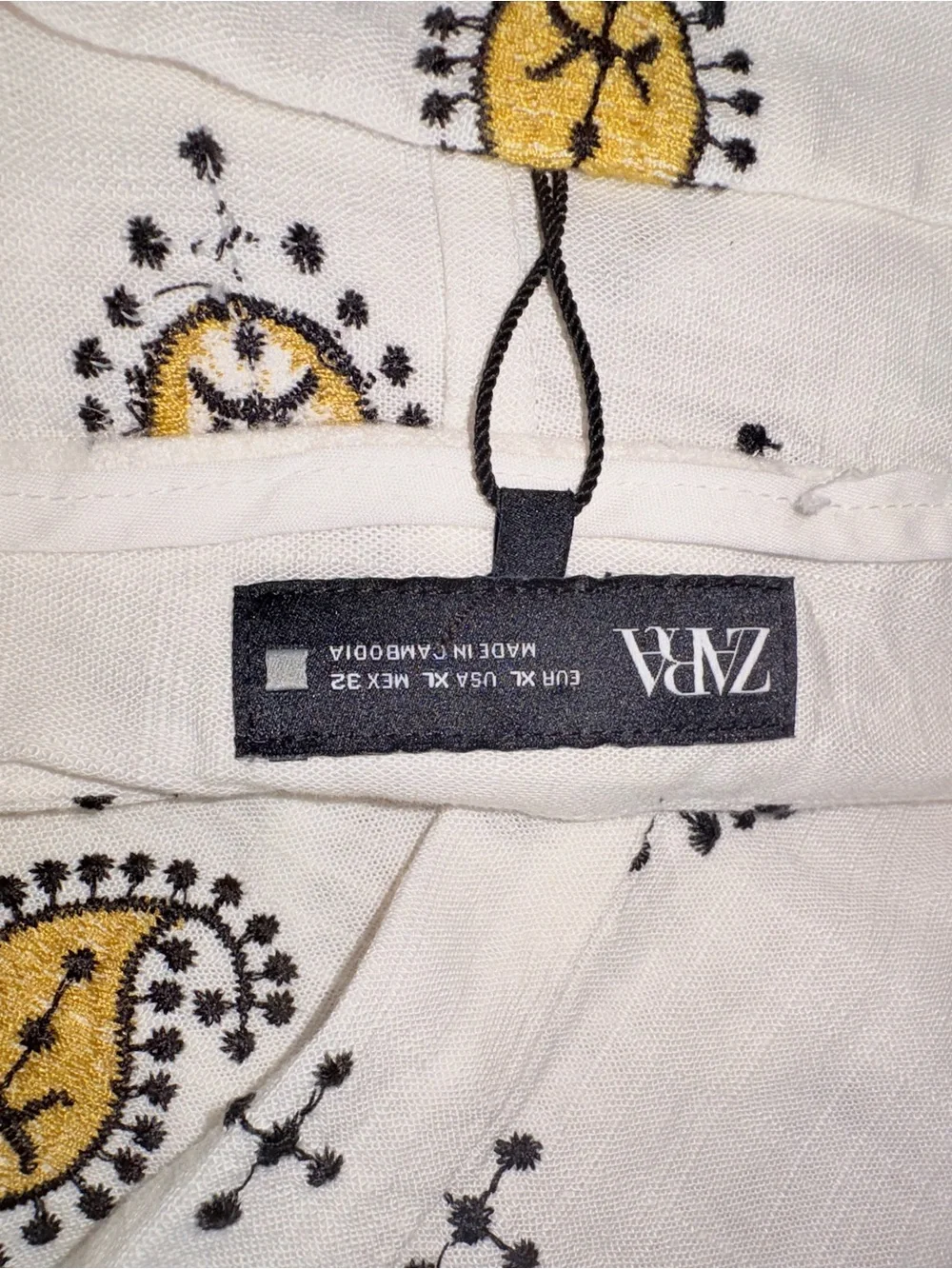 ZARA. White Yellow Embroidered Linen Blend Wide Leg Pants Side Pockets XL